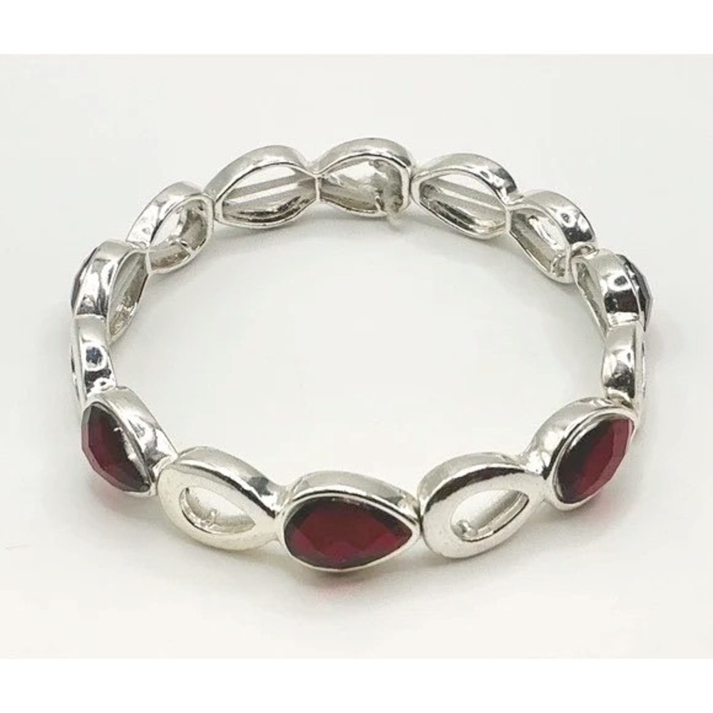 Red teardrop cabochons silver tone stretch bracelet‎ - Valentine Gift